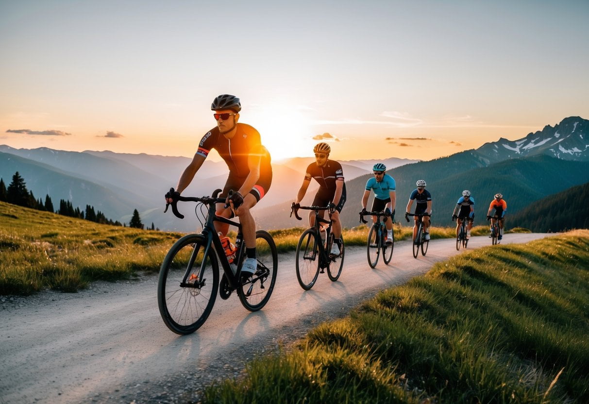 En gruppe cyklister kører gennem en naturskøn bjergsti med solen, der går ned i baggrunden, og viser den ultimative cykeloplevelse